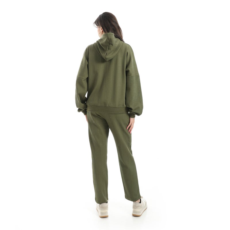 Andora Self Patteren Hooded Sweatshirt With Regualr Fit Pants Olive Training Suit-Olive - Image 5
