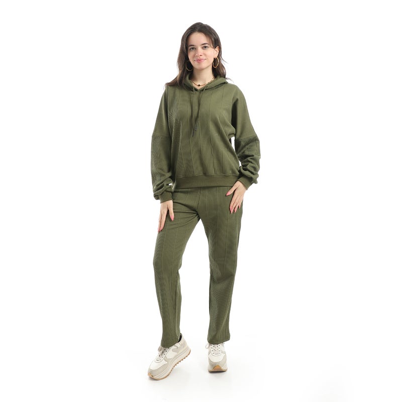 Andora Self Patteren Hooded Sweatshirt With Regualr Fit Pants Olive Training Suit-Olive - Image 4
