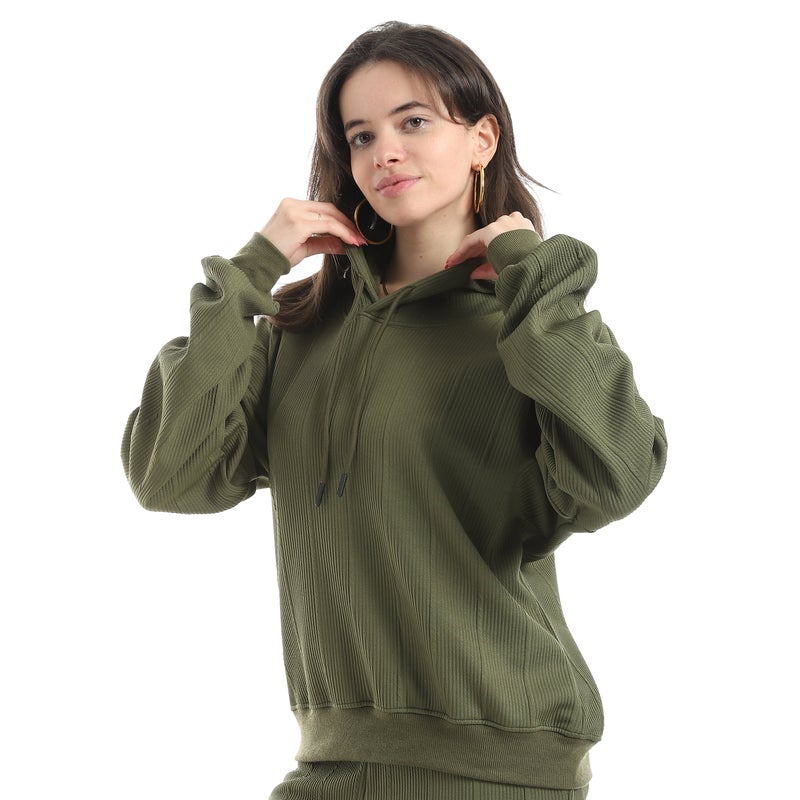 Andora Self Patteren Hooded Sweatshirt With Regualr Fit Pants Olive Training Suit-Olive - Image 3