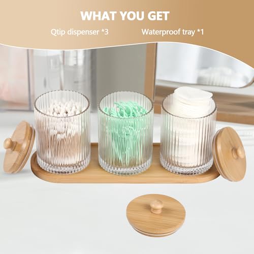 eggs sound 3 Pack Qtip Holder - Bathroom Organizers and Storage, Cotton Round Holder Floss Pick Cotton Ball Holder Swab Dispenser Set with Tray, Glass Apothecary Jars with Lids, -sw clear y - Image 2