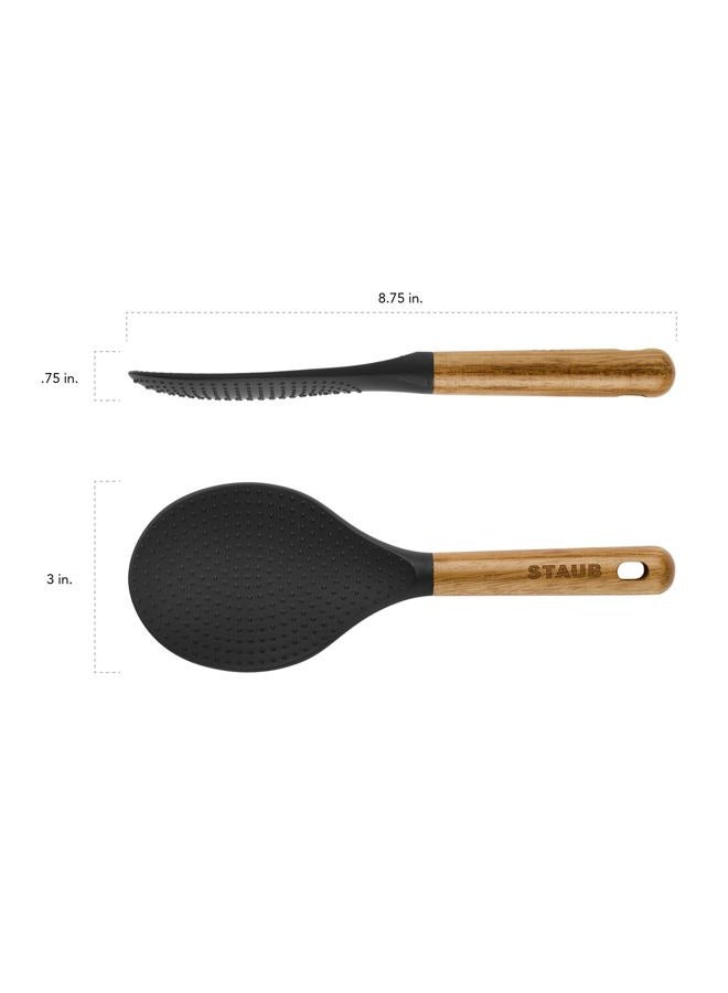 STAUB Rice Spoon, Perfect for Keeping Rice Fluffy While Scooping and Serving, Durable BPA-Free Matte Black Silicone, Acacia Wood Handles, Safe for Nonstick Cooking Surfaces, 8.75 x 3 x 0.75 inches - Image 3