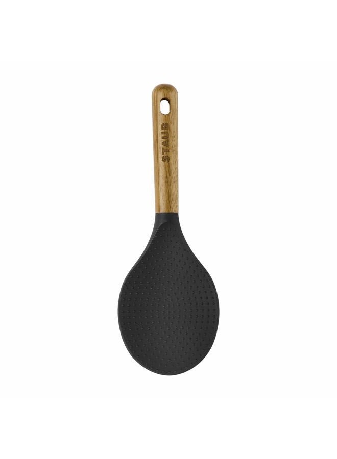 STAUB Rice Spoon, Perfect for Keeping Rice Fluffy While Scooping and Serving, Durable BPA-Free Matte Black Silicone, Acacia Wood Handles, Safe for Nonstick Cooking Surfaces, 8.75 x 3 x 0.75 inches - Image 4