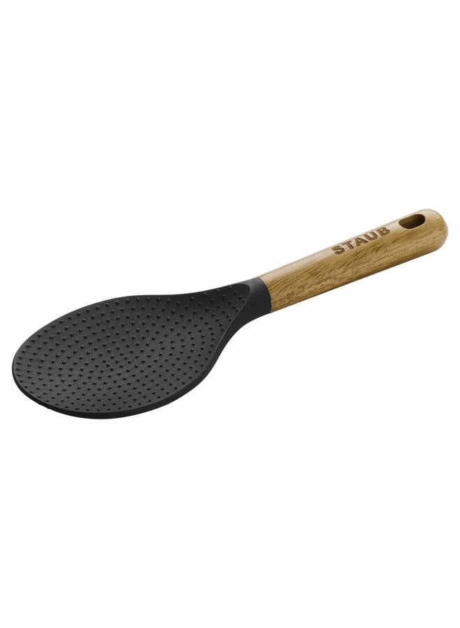 STAUB Rice Spoon, Perfect for Keeping Rice Fluffy While Scooping and Serving, Durable BPA-Free Matte Black Silicone, Acacia Wood Handles, Safe for Nonstick Cooking Surfaces, 8.75 x 3 x 0.75 inches - Image 1
