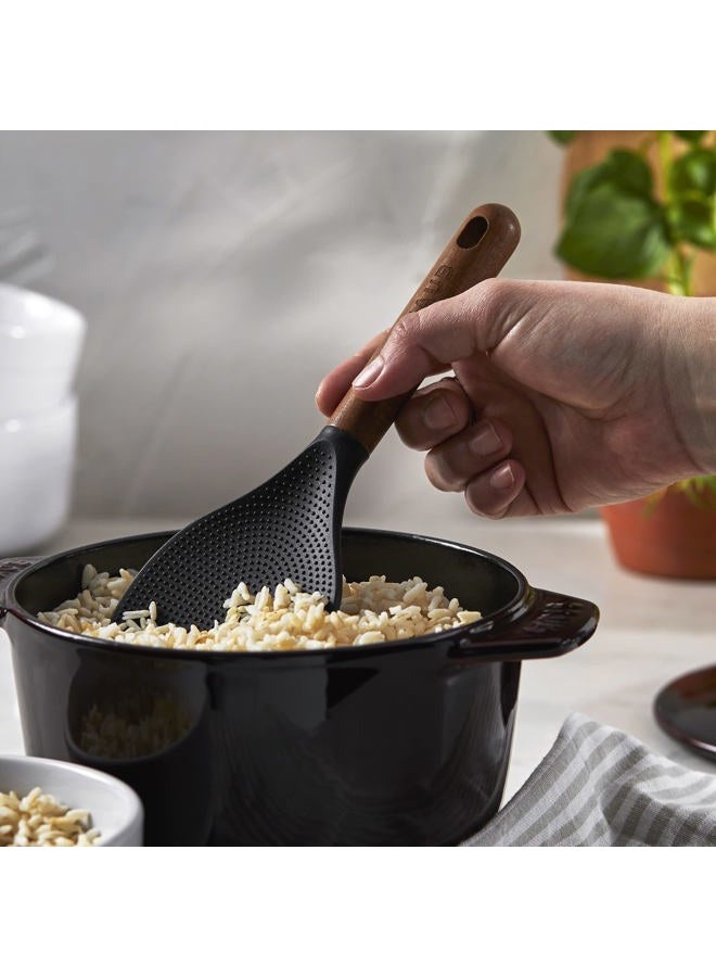 STAUB Rice Spoon, Perfect for Keeping Rice Fluffy While Scooping and Serving, Durable BPA-Free Matte Black Silicone, Acacia Wood Handles, Safe for Nonstick Cooking Surfaces, 8.75 x 3 x 0.75 inches - Image 2