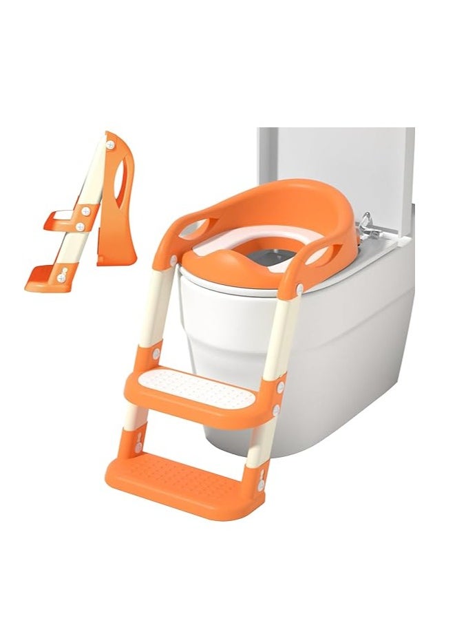 Generic Potty Training Seat with Ladder, Foldable Ladder Potty for Kids, Splash Guard, Comfortable Non-Slip Base (Orange) 