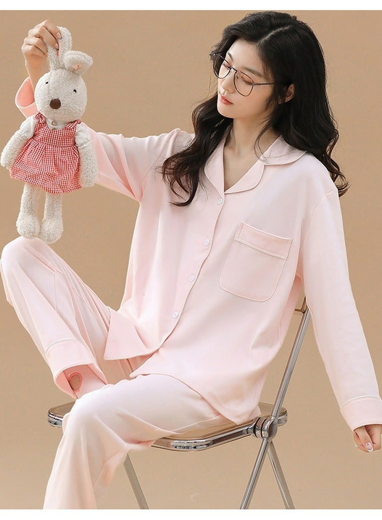 Loquat Women's Skin-Friendly 2-Piece Set Leisure Nightgown Sleepwear Long Sleeve Lapel Top And Pants Soft Loungewear Wear Pajamas Suit Light Pink 