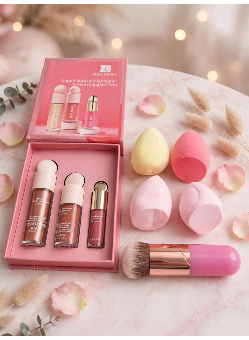 ROSE BERRY The complete 3-in-1 Rose Berry liquid blush set: long-lasting, natural-looking peachy cheeks; liquid highlighter with a sun-kissed glow; and a 4-piece beauty blender set including a fluffy brush. - Image 1