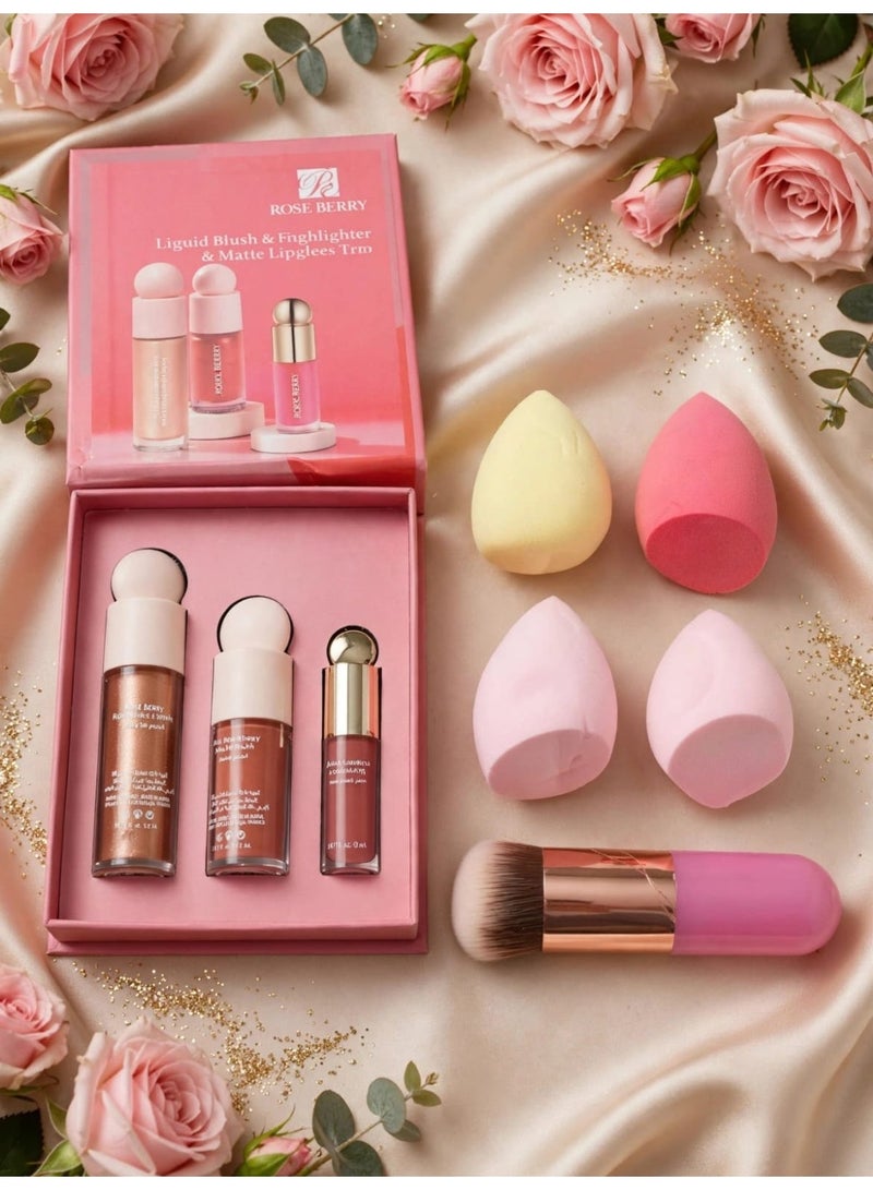 ROSE BERRY The complete 3-in-1 Rose Berry liquid blush set: long-lasting, natural-looking peachy cheeks; liquid highlighter with a sun-kissed glow; and a 4-piece beauty blender set including a fluffy brush. - Image 2