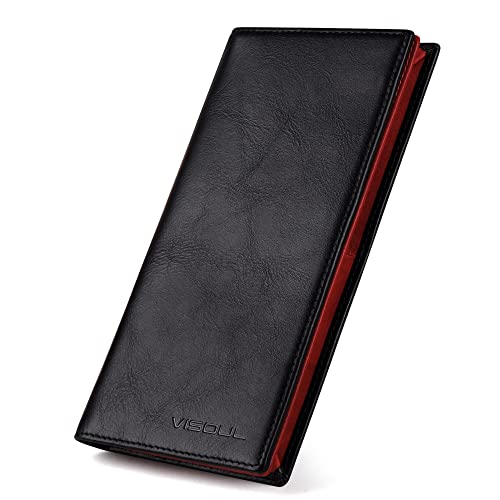 VISOUL Leather Checkbook Cover Wallet for Men with RFID Blocking, Mens Long Bifold Cash Tall Wallet with 11 Credit Card Slots 1 ID Window (Black and Burgundy) - Image 1