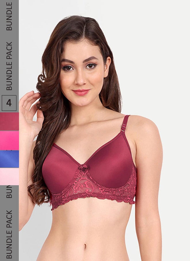 FIMS Pack of 4 Rapid-Dry Lace Lightly Padded Bra - Blue, Pink, Rani, Maroon - Image 1