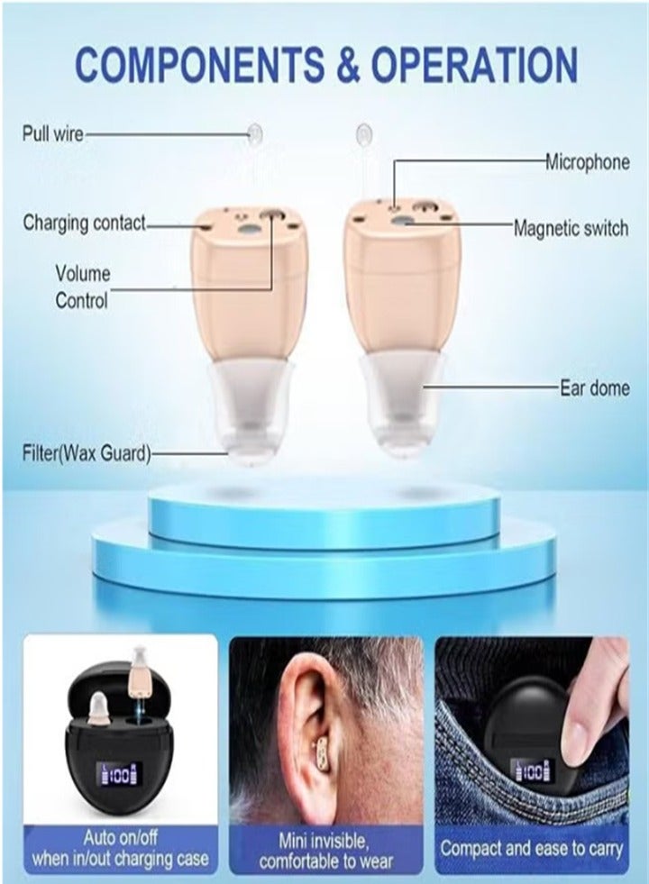 Hearing Aids, Invisible Magnetic Assistive Listening Devices, Contact Charging Box with LED Power Display (Black) - Image 2