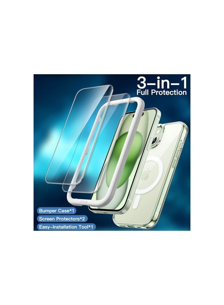 JETech 3 in 1 Magnetic Case for iPhone 15 6.1-Inch with 2 Pack Tempered Glass Screen Protectors, Compatible with MagSafe, Shockproof Bumper Phone Cover (Green) - Image 2