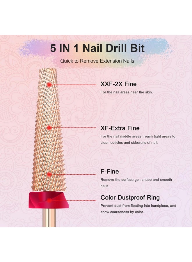 Depvko Depvko Super Long 5 in 1 Nail Drill Bits, 3/32'' Carbide Tungsten Bits, Two Way Rotate Professional Advanced Safety Bits for Nail, Fast Remove for Manicure Pedicure Cuticle Gel Polishing(F, Rose Gold) - Image 4