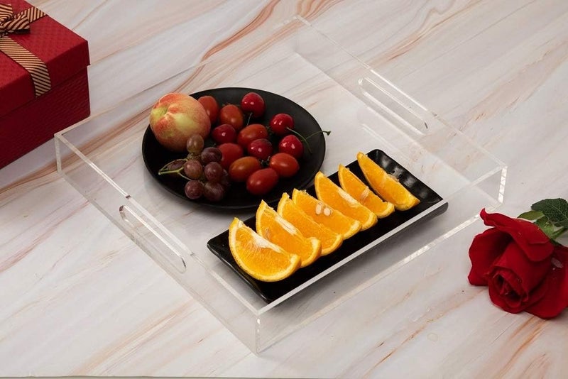 KEVLANG Clear Sturdy Acrylic Serving Tray with Handles12x12InchServing CoffeeAppetizerBreakfastButlerKitchen Countertop TrayMakeup Drawer OrganizerVanity Table TrayOttoman TrayDecorative Tray - Image 4