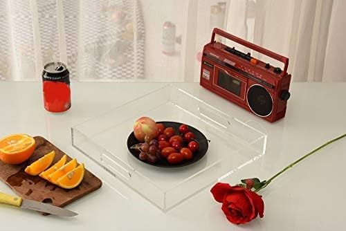 KEVLANG Clear Sturdy Acrylic Serving Tray with Handles12x12InchServing CoffeeAppetizerBreakfastButlerKitchen Countertop TrayMakeup Drawer OrganizerVanity Table TrayOttoman TrayDecorative Tray - Image 3