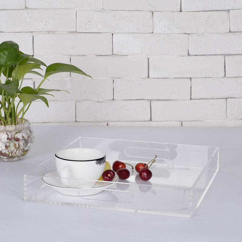 KEVLANG Clear Sturdy Acrylic Serving Tray with Handles12x12InchServing CoffeeAppetizerBreakfastButlerKitchen Countertop TrayMakeup Drawer OrganizerVanity Table TrayOttoman TrayDecorative Tray - Image 5