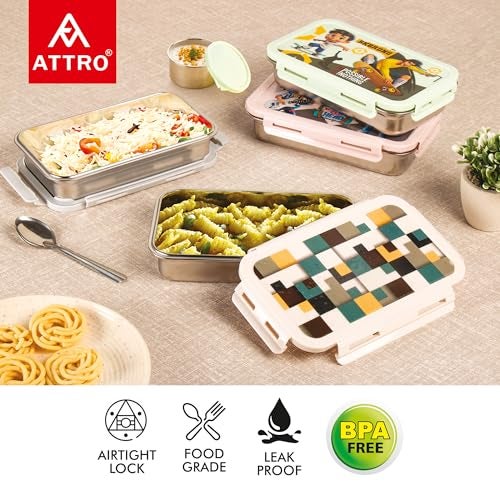 Attro Brunch Stainless Steel Lunch Box with 1 Small Container Airtight Leak-Proof Food Grade - Grey 560ml+170ml - Image 2
