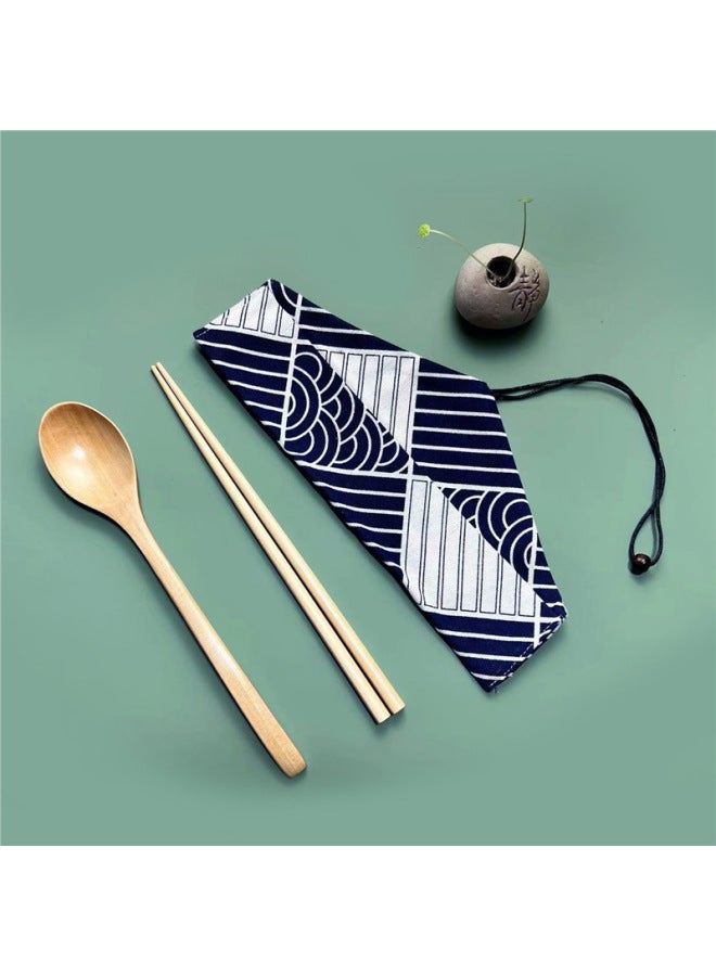 Beech Phoebe Portable Outdoor Travel Wooden Tableware Japanese Chopsticks Wooden Spoon Storage Suit For Primary School Students-Specifications:Standard-Color:Blue And White Triangular Bag 23.5 Lotus Wood Set - Image 1