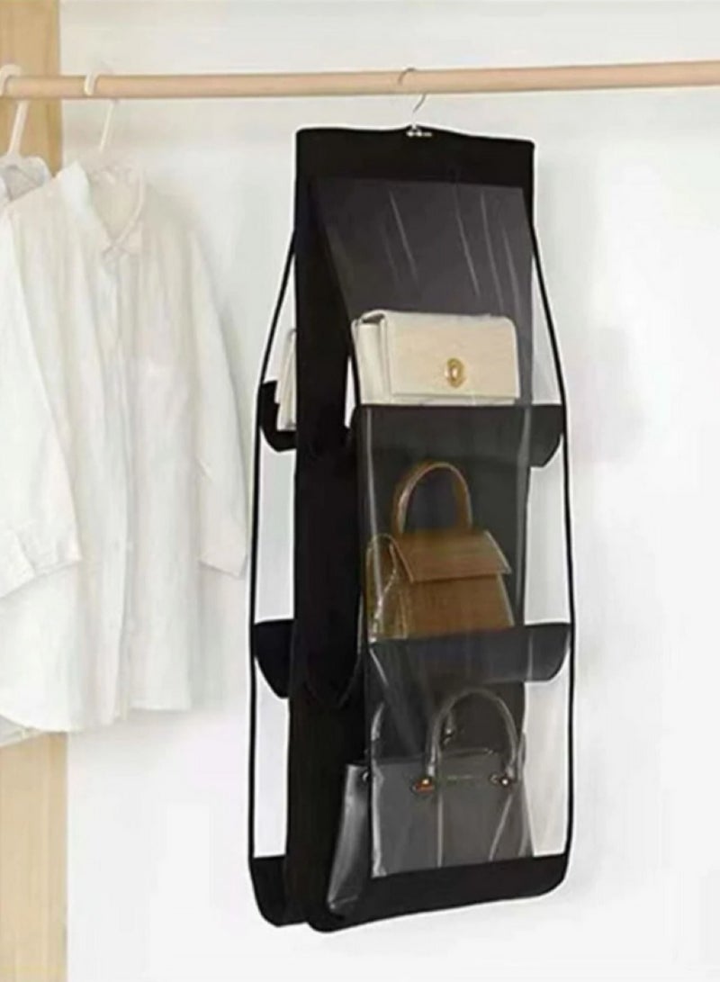 Hanging Organizer for Handbags and Purses Closet 6 Pockets Hanging for Family Closet and Bedroom Foldable Multi-Purpose Non-Woven Fabric Black - Image 1