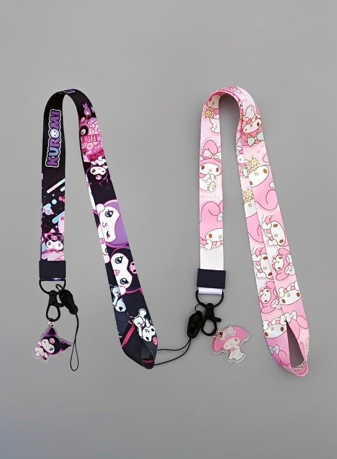Sanrio 2 Pieces of Printed Lanyard Neck Strap Multi Color Stylish Design Detachable Metal Hook and Card Holder Universal for Mobile Phones ID Cards Keys and Badges Durable Polyester Fabric - Image 1