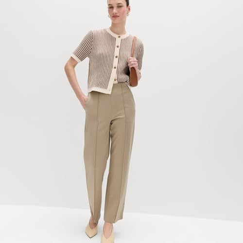Marks & Spencer Solid Beige Viscose Womens Jersey Twill Straight Leg Trousers - Image 3