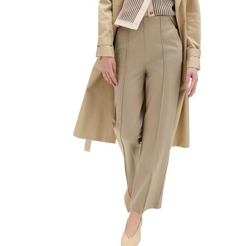 Marks & Spencer Solid Beige Viscose Womens Jersey Twill Straight Leg Trousers - Image 1
