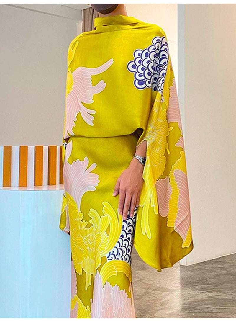 Batwing Sleeves Half Sleeves Flower Print Mock Neck Blouses&Shirts Tops