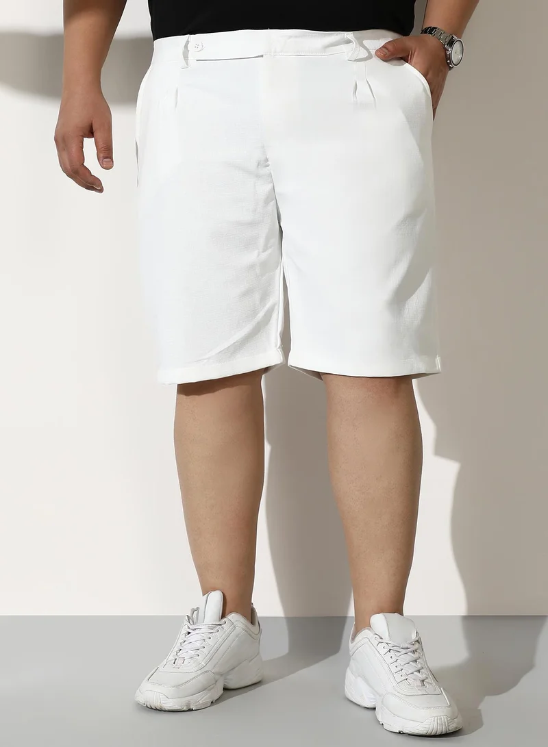 Instafab Plus Men Tailored Linen-Blend Shorts | Mid-Rise, Extended-Closure Waistband | Button, Straight Hem | Solid Plain Woven Fabric For Casual & Daily | Chalk White