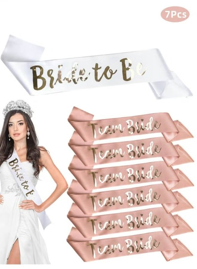 Team Bride Sash Set - 1 White Bride Sash and 6 Rose Gold Team Bride Sash, Bachelorette Party Supplies, Bachelorette Sash, Bridesmaid Sash for Wedding, Engagement, Bridal Shower (7 Pieces) - Image 1