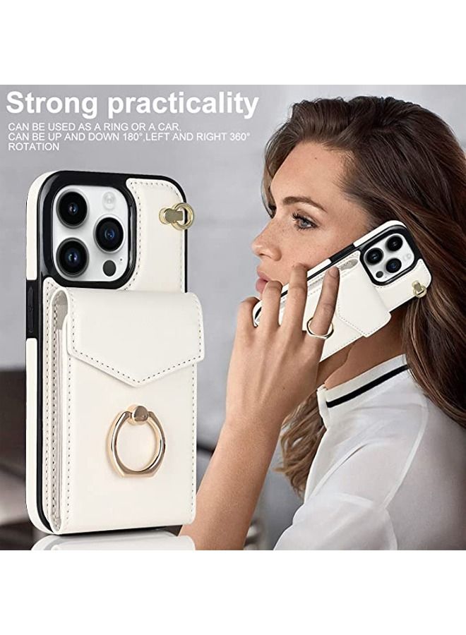 IPhone 14 Pro Max Case Wallet, with clip, suitable for women's leather case, with 360 ° rotating ring bracket, RFID protective accessory cover, with strap, 6.7 inch white back cover  - Image 3