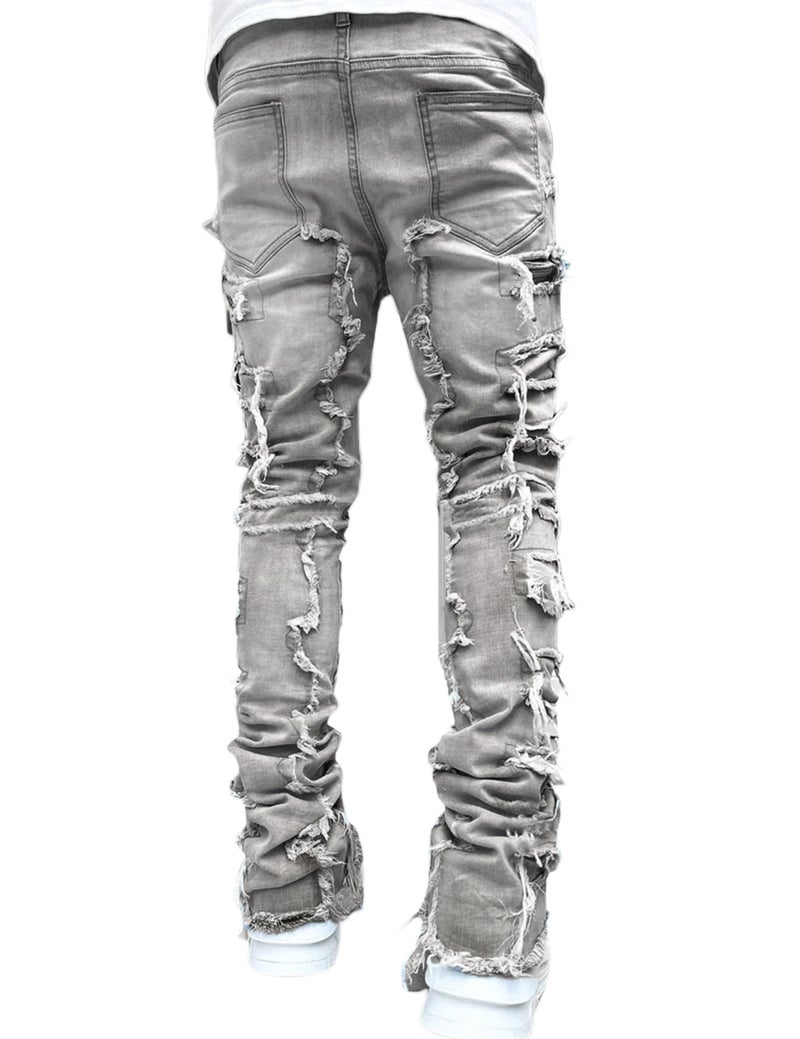 FantasyGears Mens Slim Fit Stretch Jeans Y2k Hip Hop Pants Grey Distressed Ripped Stacked Jeans Men - Image 3