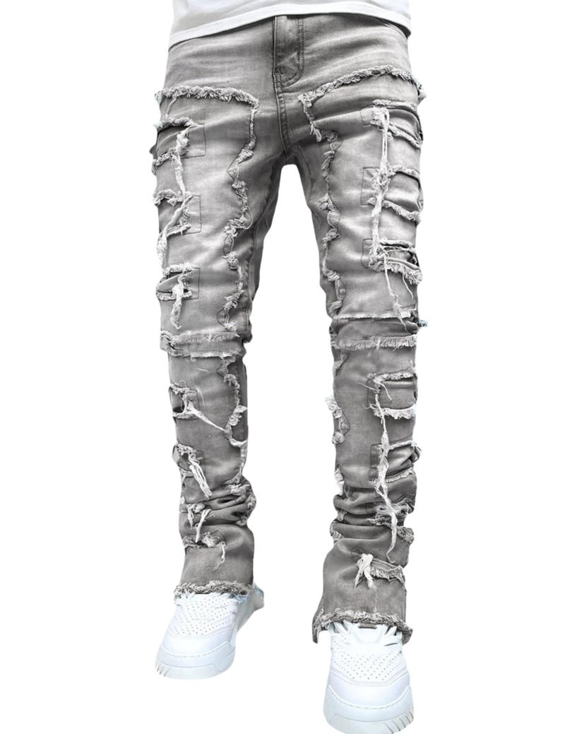 FantasyGears Mens Slim Fit Stretch Jeans Y2k Hip Hop Pants Grey Distressed Ripped Stacked Jeans Men - Image 1