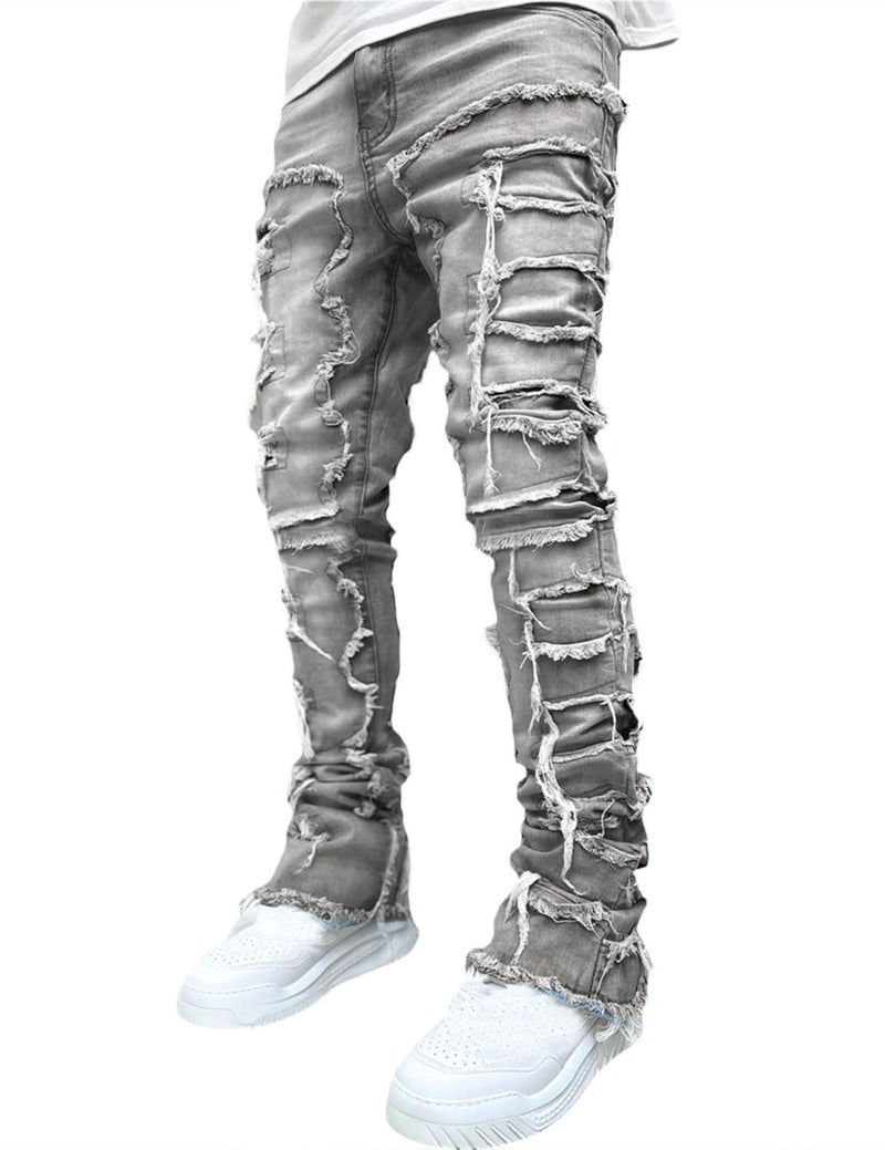 FantasyGears Mens Slim Fit Stretch Jeans Y2k Hip Hop Pants Grey Distressed Ripped Stacked Jeans Men - Image 2