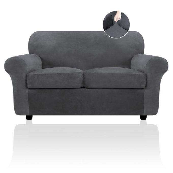 VELVET SOFA COVERS FOR 2 CUSHION COUCH SOFA SLIPCOVERS FOR 2 SEAT CUSHION COUCH STRETCH LOVE SEAT COUCH COVERS 3 PIECE COUCH COVER THICK FURNITURE COVERS FOR DOGS PETS GREY