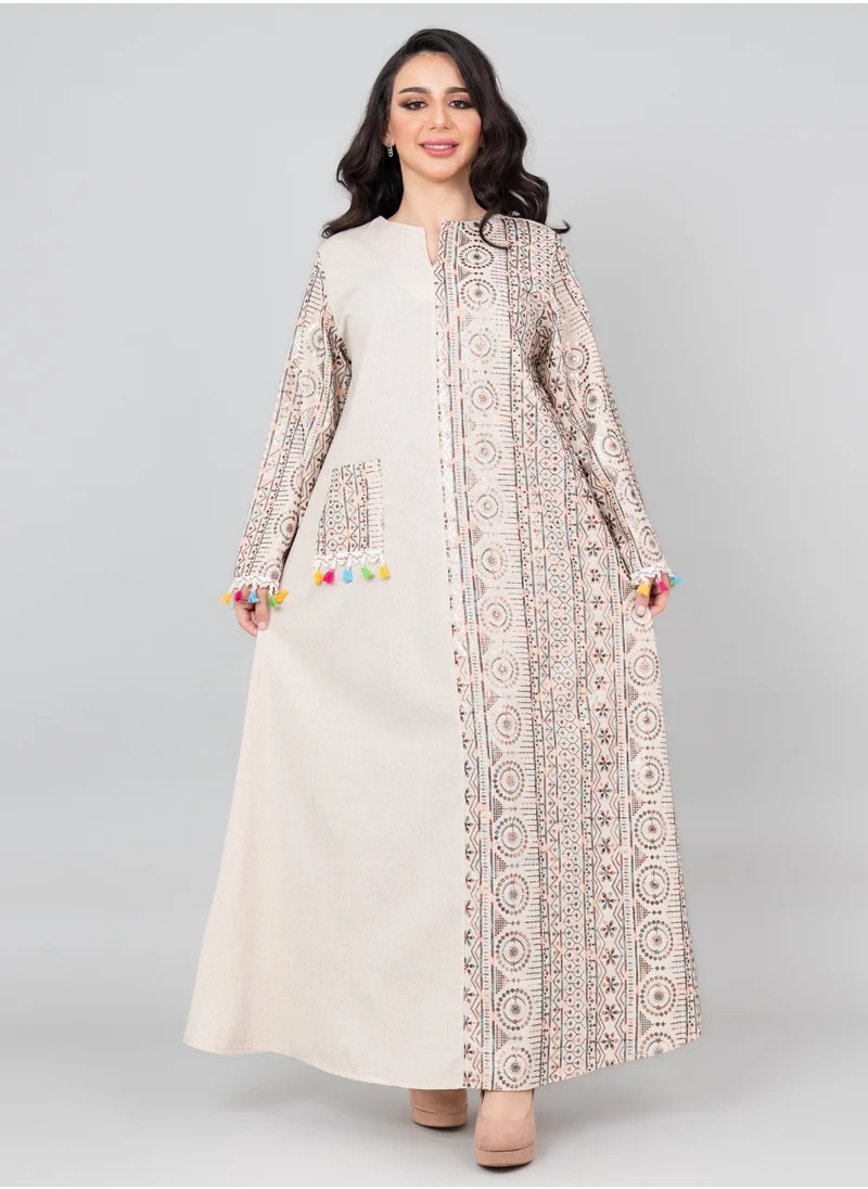 IKKXA Elegant Embroidered Linen Jalabiya IK1025 Beige