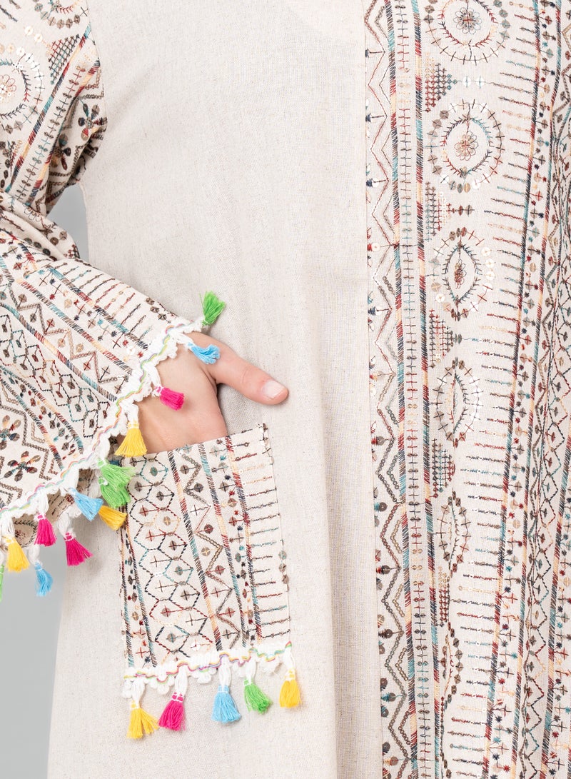 اكسا جلابية كتان مطرزة أنيقة بيج - Image 2