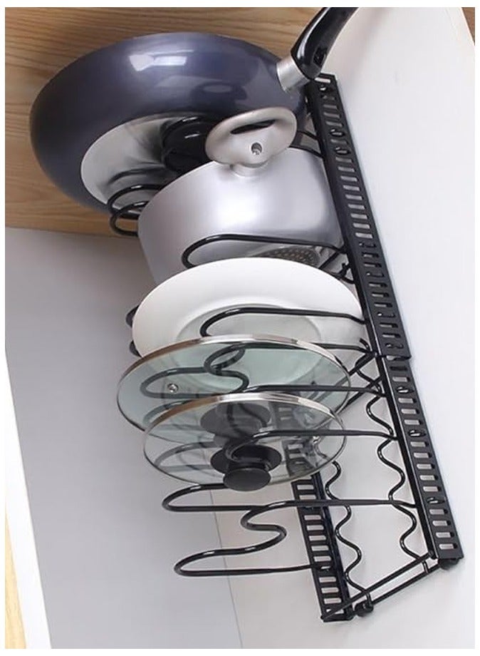 بيوينتي سكاي-تاتش رف منظم للاواني والمقالي: حامل منظم غطاء وعاء قابل للتوسيع مع 10 مساحات تخزين قابلة للتعديل رف اطباق لخزانة المطبخ اسود، الحديد الزهر - Image 4