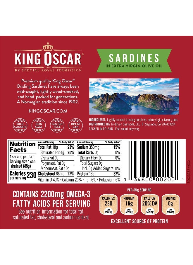 KING OSCAR King Oscar, Wild Caught, Sardines In Extra Virgin Olive Oil, Two Layer 12-22 Fish, 3.75 oz (106 g)  - Image 2