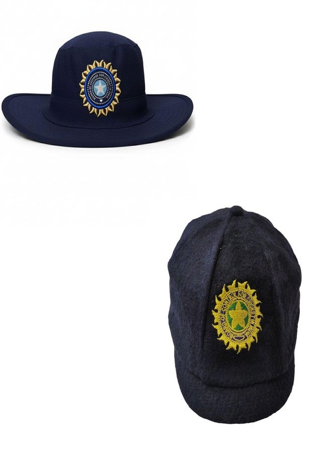 C Classic Navy Blue Cricket Hat & Cap Combo 2 with Embroidered Sun Star Emblem, Wide Brim Western Style, Cap Set, for Cricket Lovers - Image 1