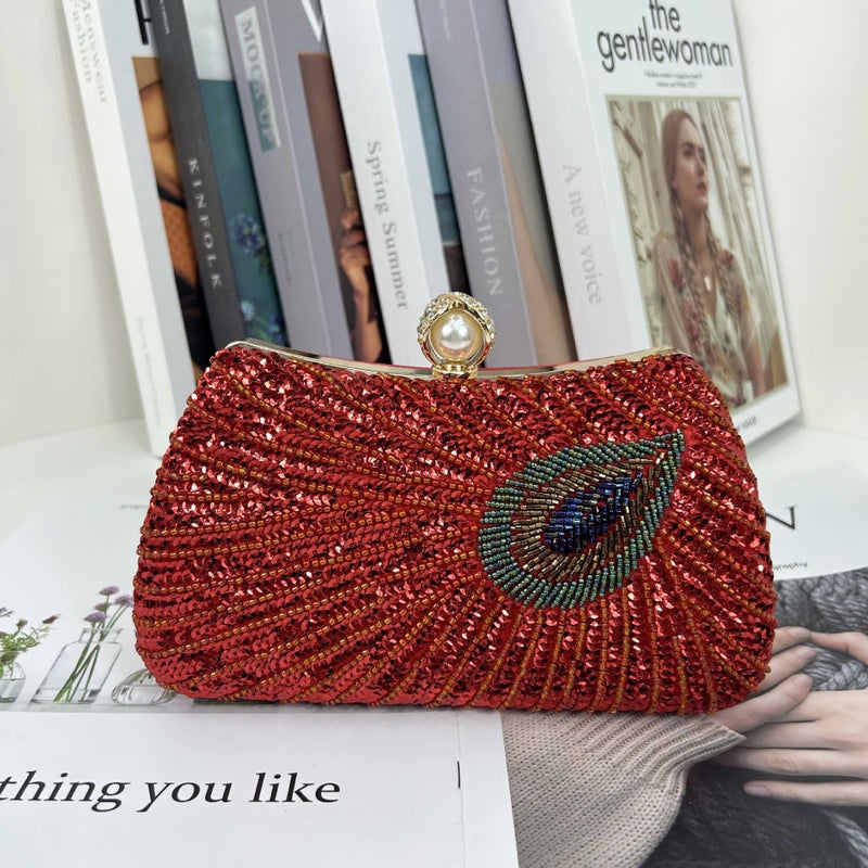 2023 New Retro Beaded Embroidered Evening Bag Embroidered Box Evening Bag Portable Pearl Chain Banquet Bag - Image 1