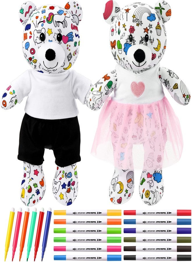 Yeyeplum 2 Pcs 14 Inch Large Coloring Bears Stuffed Animal Back to School Doodle Plush Bears with Clothes Bulk Washable Markers Pens Kids Drawing Art Crafts Students Prize Gifts Classroom Supplies - Image 1
