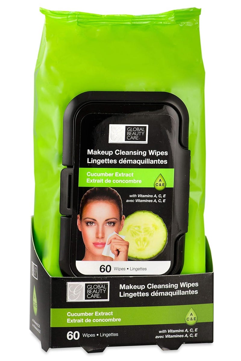 Global Beauty Care Cucumber Makeup Cleansing, Disposable, Facial Towelettes Hydrating & Soothing includes 3 Vitamins A, C & E, Reset Skin Health, Moisturize & Recharge for a Youthful Glow 60Ct. 1 Pack
