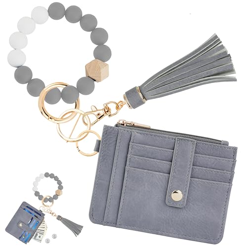 KNGITRYI Wallet Keychain Wristlet for Women,Slim RFID Credit Card Holder Purse Tassel Keychain Bangle Key Ring for Men Women(Gray) - Image 1