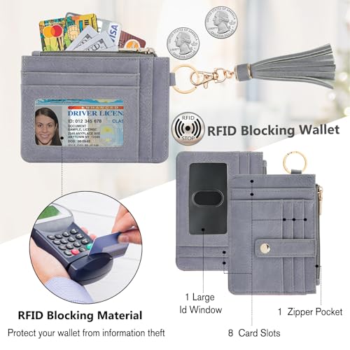KNGITRYI Wallet Keychain Wristlet for Women,Slim RFID Credit Card Holder Purse Tassel Keychain Bangle Key Ring for Men Women(Gray) - Image 3