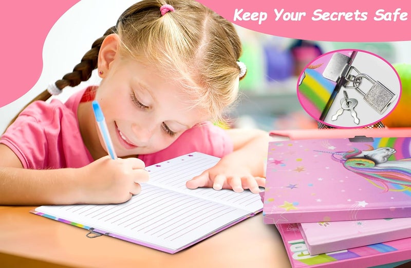 GINMLYDA Girls Diary with Lock for Kids, 7x5.25 Inches 160 Lined Pages Secret Unicorn Notebook for Girls Journal with Lock for Kids Pre School Writing Drawing Cute Gifts for Birthday - Image 2