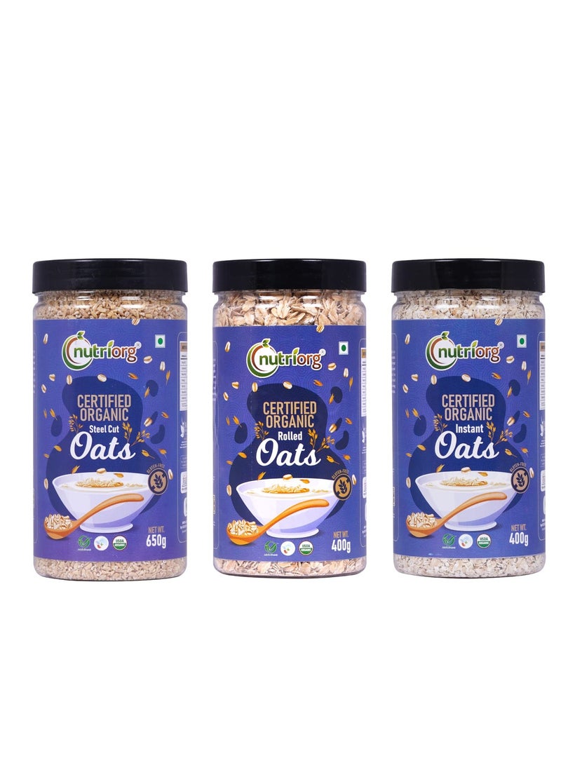 Nutriorg Organic Rolled Oats 400g, Instant oats 400g & Steel Cuts Oats 650g (Combo Of 3) | USDA Certified | Weight Management | Whole Grain | Fiber & Protein Rich Oats - Image 1