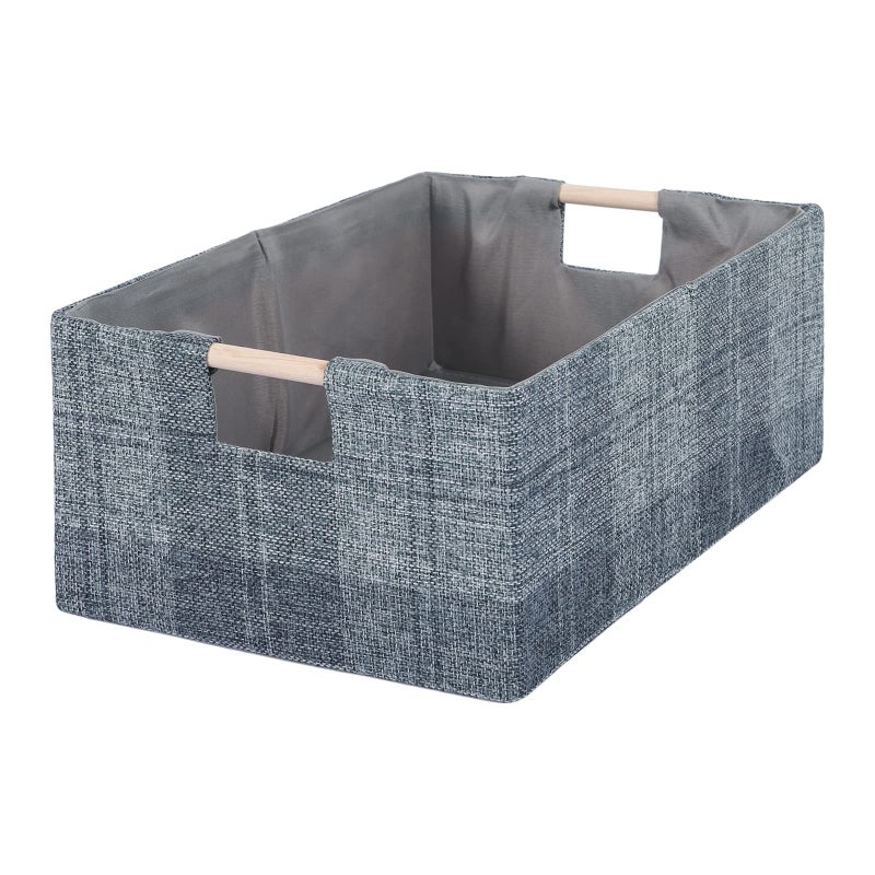LaMorÃ©e LaMore Fabric Storage Bin Box Collapsible Cotton Linen Storage Cube with Wooden Handles Rectangular Decorative Home Organizer Clothes Blanket Basket Dark Gray Plaid Large - Image 2
