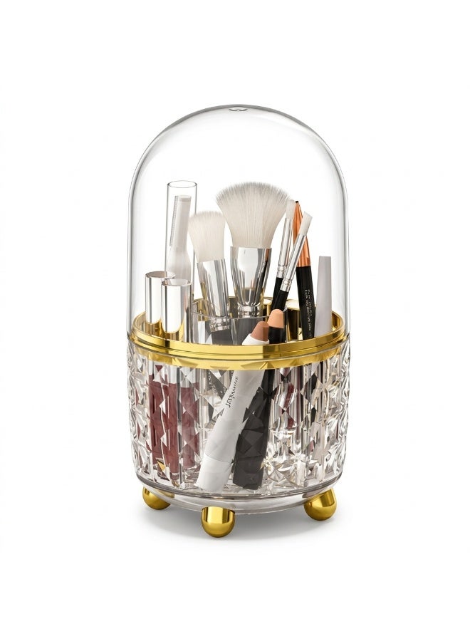 منظم فرش مكياج أكريليك فاخر مع غطاء واقٍ من الغبار وقاعدة ذهبية - شفاف - Image 1