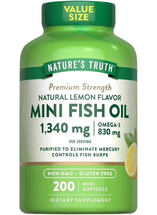 Nature's Truth Nature's Truth Fish Oil Omega 3 | 1340 mg | 200 Mini Softgels | Burpless Lemon Flavor Pills | Non-GMO & Gluten Free Supplement  - Image 1