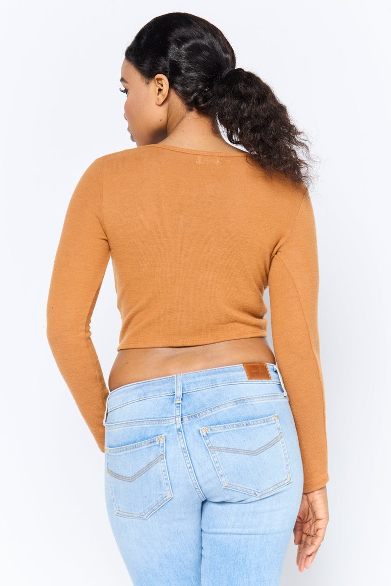 POOF Women Round Neck Long Sleeve Plain Crop Top, Rust - Image 2